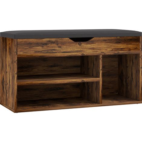 Banc à chaussures 2 niveaux avec niche et coffre intégré, coussin effet bois acajou, meuble de rangement pour chaussures (1/5)