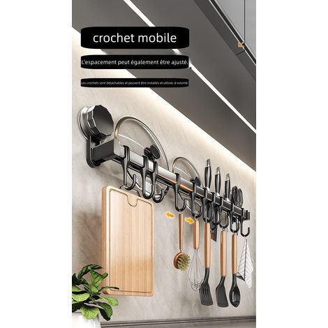 Porte-ustensiles de cuisine en plastique résistant, barre de rangement à aspiration sans perçage avec 10 crochets, 50 cm, couleur gris pistolet, gain de place pratique pour la cuisine domestique (1/5)