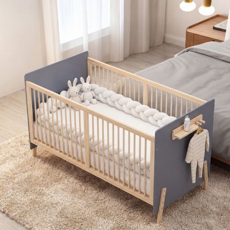 Lit bébé en bois 140x70x86 cm - Hauteur réglable - Avec étagère de rangement - Laqué - Bleu-gris + naturel (matelas non inclus)