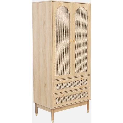 Armadio a due ante con due cassetti in legno intrecciato