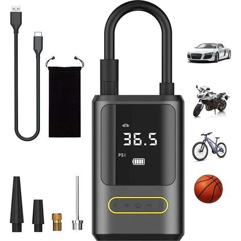 Gonfleur de pneu électrique portable sans fil, pompe à air durable 150 psi, double écran LCD parfait pour les pneus de voiture et de moto, ballons, vélos, camping, batterie externe et chargeur, lampe (1/4)