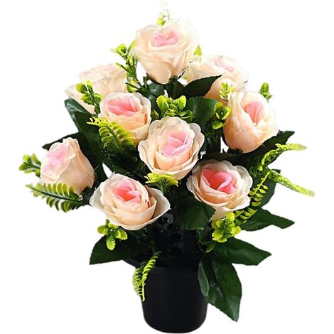 Fleurs de cimetière pour Tombe, 15 Pouces, 12 têtes de Roses artificielles avec Pot, Fleurs funéraires en Soie pour Pierres tombales (1/5)