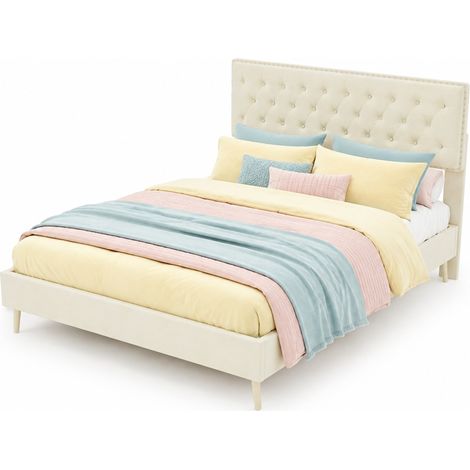 CHICFURN Lit bas en velours beige 140 200 avec tête de lit haute et espace sous le lit (1/5)