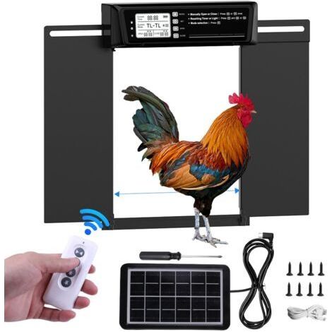 Puerta extragrande automática para gallinero con energía solar – Pantalla LCD, mando a distancia, sensor de luz, temporizador y protección antipinzamiento – 39 x 29 cm – Negra
