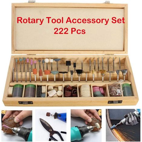 Kit Accessoires Outil Rotatif - 222 Pièces - Tige 3 175 mm - Pour Ponçage Polissage Découpe Bois Métal - Boîte Bois