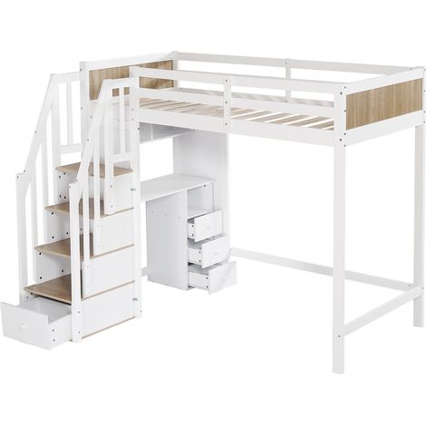 Cama alta infantil 90x200 cm con escritorio, cajones y escalera de almacenaje (1/5)