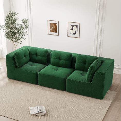 Sofá modular esquinero sin respaldo, 3 plazas, tejido de pana verde, 297 x 104 x 69 cm (1/5)