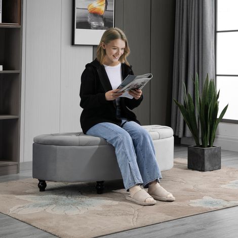 Sitzbank mit Stauraum Polsterbank mit Samtoptik, geöffnetem Deckel Sitztruhe mit Holzbeine, Truhenbank für Wohnzimmer Flur Schlafzimmer 120 x 46 x 42 cm, Grau