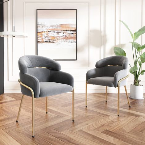 Chaise longue pour salle à manger,salon ou chambre - en velours - avec 4 pieds dorés en métal - Gris - 2 pièces (1/5)