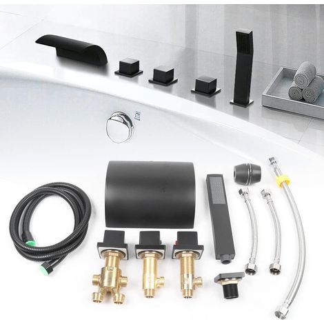 Grifo de bañera Waterfall Black Bath Edge 5 orificios Grifo de bañera Set de ducha de mano Rainshower Grifo mezclador de ducha para baño (1/5)