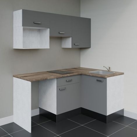 Kitchenette d'angle KA03L-PT avec plan de travail et évier - Façade Gris - Plan Bois - Evier Inox - Crédences Non