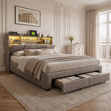 Cama doble 140x200 cm con 2 cajones de almacenaje, cama tapizada con LED RGB, cabecero con estante y puerto USB, tela de lino, somier de láminas, gris (1/5)