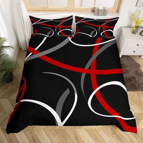 Parure de lit avec housse de couette et 1 taie d'oreiller pour lit simple, rouge, gris et noir - Motif géométrique et cercles rétro - Pour garçons et filles (1/5)