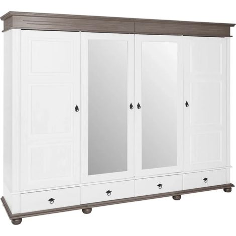 Armadio Camera da Letto 4 Ante Specchi 4 Cassetti Legno Bianco Grigio (1/5)