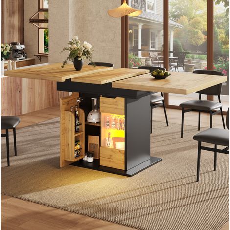 Ausziehtisch 110-140x80x76 cm Schwarz/Natur aus MDF und Glas mit Stauraum und LED-Beleuchtung (1/5)