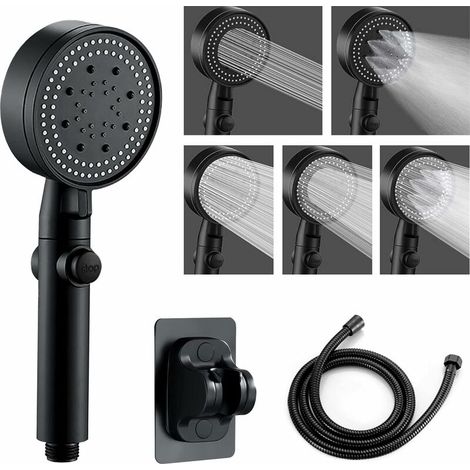 Black Shower Head, 1.5m Shower Hose, 5 Spray Modes, Bathroom Hand Shower (1/5)