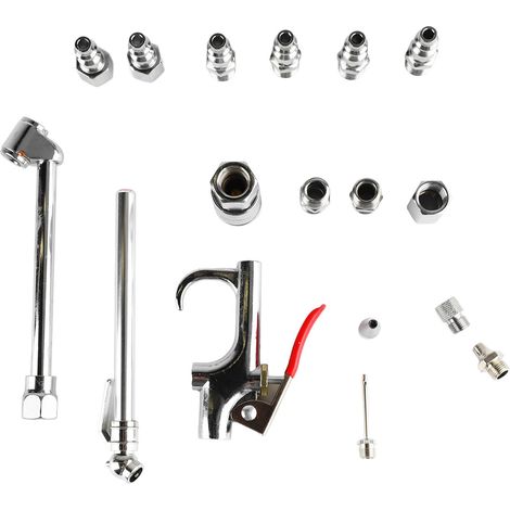 Kit d'accessoires pour pistolet à air comprimé (17 pièces) : raccord 1/4 NPT, mandrin à double pied, manomètre pour pneus et kit de gonflage pour compresseur.