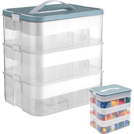 Boite Rangement Plastiquee, 3 Couches Boite Rangement avec Couvercle, Jouets Empilable Organiseur Transparent avec Compartiments pour Ranger les Jouets, Coffre a Jouet (1/5)