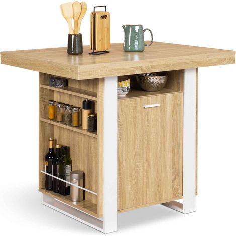 Idmarket – Îlot central 110 cm bois façon hêtre et blanc – Table haute avec rangements – 6 places – Dimensions 110 x 80 x 90 cm