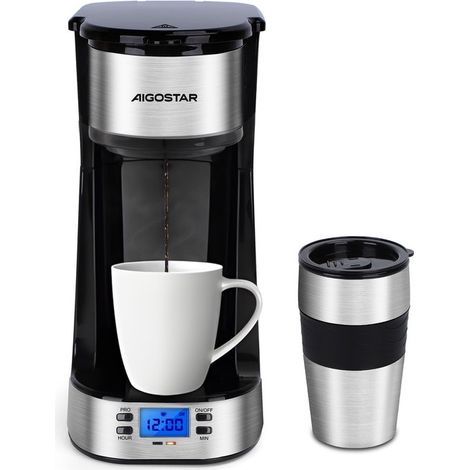 302FX - Cafetière - Café filtre - 0,42 l - Tasse isotherme - Minuterie - Idéale pour le camping - 750 W - Acier inoxydable/Noir (1/5)