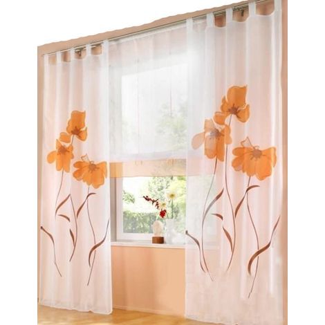 Lot de 2 rideaux — Motif imprimé — Adapté pour salon et chambre — À œillets — Largeur 150 cm / Hauteur 225 cm — Orange (1/5)