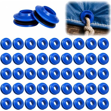 50 occhielli in plastica blu per teloni, 28 x 13 mm  Resistenti alle intemperie, con anelli di tenuta, per riparare tessuti, piscine, tende e tettoie. (1/5)