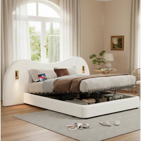 Doppelbett 180x200 cm weiß in Bouclé mit Stauraum, USB-Anschluss und Leselampen (1/5)