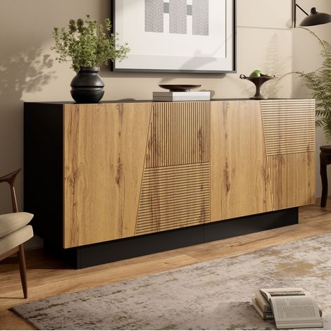 Buffet de cuisine 160 cm à 4 portes, meuble de rangement avec étagères réglables, bois noir naturel (1/5)