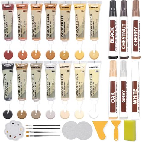 Kit Reparation Parquet 20 Couleurs, Pate à Bois, Pate a Bois Rebouchage 14 Pate a Bois et 6 Couleurs Stylo Retouche Bois, Mastic Bois pour Trous, Rayures, Fissures en Stratifié (1/5)