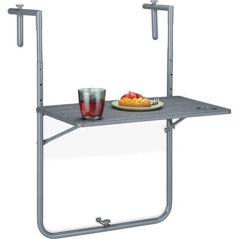 Relaxdays Mesa Plegable Balcón, 3 Alturas, 59,5x60 cm, Mesita Colgante con 2 Posavasos, Mueble Exterior Barandilla, Gris (1/5)