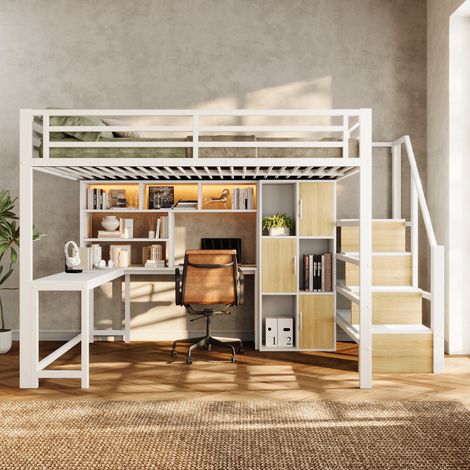 Lit mezzanine - 140x200 cm - échelle - rangements intégrés - éclairage led - structure métal - matelas non inclus - blanc (1/5)