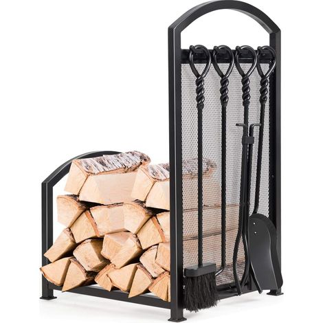 COSTWAY Porte-bûche de Cheminée en Fer avec 4PCS Serviteurs de Cheminée,Pince Brosse Pelle Tisonnier Accroché sur Panneau en Maille