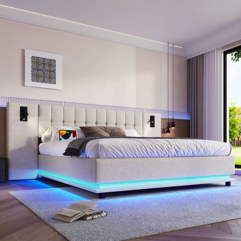 Lit coffre en lin beige 180x200cm, tête de lit avec spots LED intégrés, port USB, sans matelas, sommier à lattes, design moderne pour chambre (1/5)