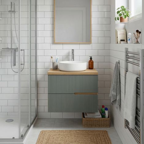 Meuble vasque à poser L.60cm suspendu Chêne naturel 2 tiroirs Vert sauge cannelé EVA - sans colonne (1/5)