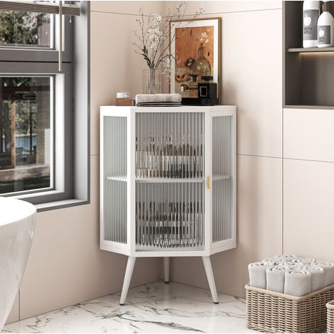 Mueble esquinero de baño 56x40x80 cm metal y vidrio templado blanco - CHICFURN (1/5)