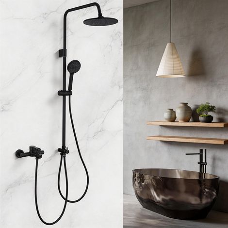 Colonne de Douche Noir avec Robinet de Baignoire, Douche de Tête et 4 Fonctions Douchette à Main, Hauteur Réglable 839-1164mm (1/5)