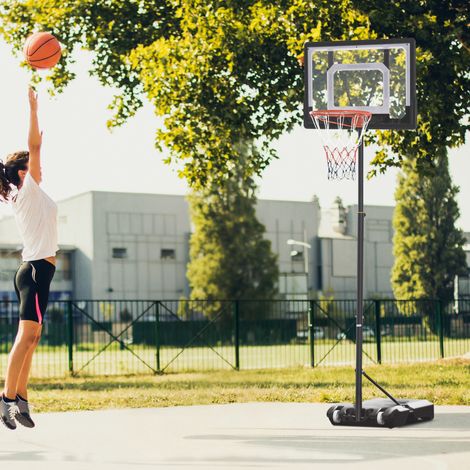 Soporte de baloncesto con ruedas, panel trasero de 83x55 cm, aro de baloncesto móvil con soporte, altura del aro ajustable de 156 a 210 cm, sistema de baloncesto para jóvenes, para uso en exteriores. (1/5)