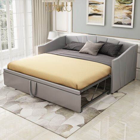 Schlafsofa 90/180x200 cm grau in Samt mit ausziehbarem Bettrahmen und Lattenrost (1/5)