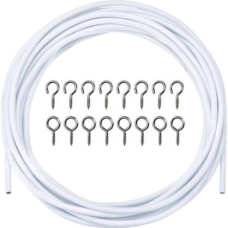 Filo per tende bianco da 3 metri - Kit di cavi per tende con 6 paia di ganci e occhielli - Corda per appendere tende a rete