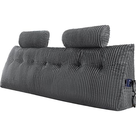 Pour un appui confortable, coussin tête de lit avec 2 poches latérales et 2 appuis-tête, velours gris lavable (1/5)