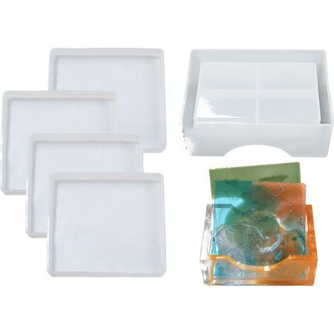 Moule Resine - Moules Pour Sous-Verres Carrés En Silicone - Lot De 4 + 1 Moule Pour Boîte De Rangement - 9 cm × 1 cm Et 10,5 cm × 7,1 cm × 4,1 cm (1/5)