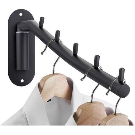 Porte manteau,Cintre mural en acier inoxydable avec bras oscillant, organiseur de rangement robuste pour buanderie, chambre à coucher, séchoir à vêtements avec 5 crochets, noir (1/4)