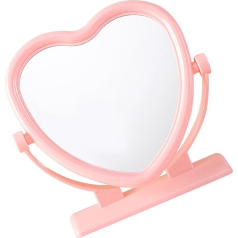Espejo de maquillaje, moderno y portátil, de doble cara, con forma de corazón y marco de plástico rosa, ideal para tocador o dormitorio. (1/5)
