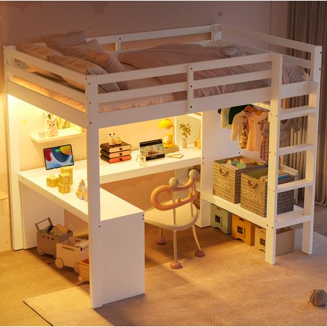 Lit mezzanine 140/200 cm blanc en bois massif et MDF avec bureau intégré et rangements (1/5)