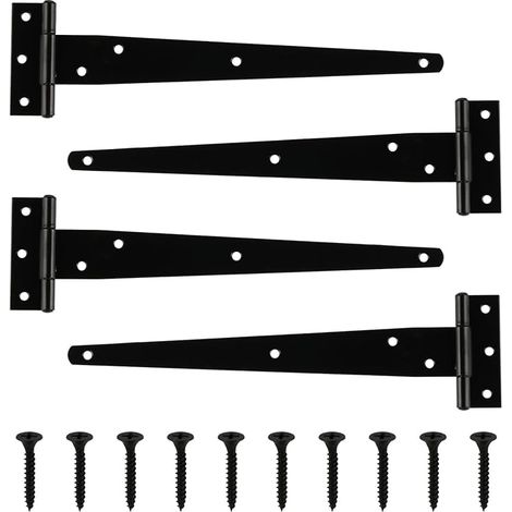 Juego de 4 bisagras en T de alta resistencia de 10 pulgadas, bisagras galvanizadas negras para puertas de granero, cobertizos de jardín y cercas de madera. (1/5)