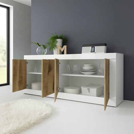 Anrichte Poli, 2 Regalböden, 4 Türen Made in Italy, 4 Fächer, 207x43x86h cm Hochglanz Weiß (1/4)