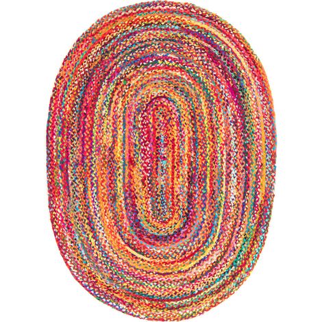 Tapis en jute Tapis Vance - Tapis en laine  - 240x170cm, Oval - 50% Jute, 50% Coton - Tissé main - Multicolore