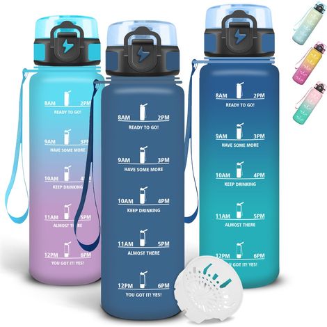 Gourde 1l, Anti Fuite Gourde Sport, Avec Marqueur de Temps, Gourdes Graduée pour 1 Journee, Verrou de Sécurité, Bouteille Motivationnelle avec Filtre pour Cyclisme, Camping, Bureau (1/5)