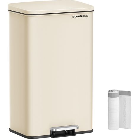 Songmics – Poubelle à pédale 40L en acier – Fermeture douce – Support de sac intégré – 15 sacs poubelle inclus – Beige – Dimensions 34,8 x 32,1 x 55,7 cm (1/5)