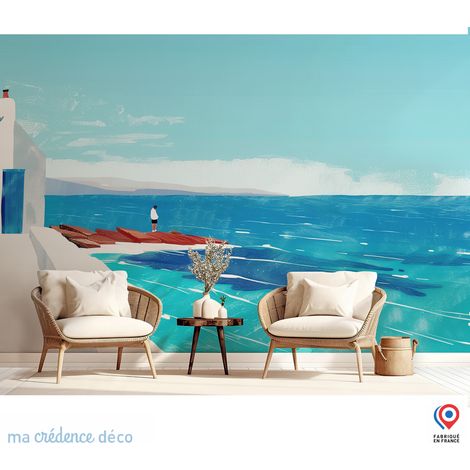 Papier peint : Petite maison sur la mer, Peinture - Intissé - L.200 x H.280 cm - Bleu pastel (1/5)